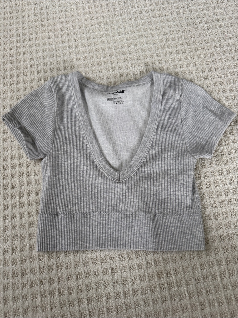Garage Gray Ribbed V-Neck Cropped Tee